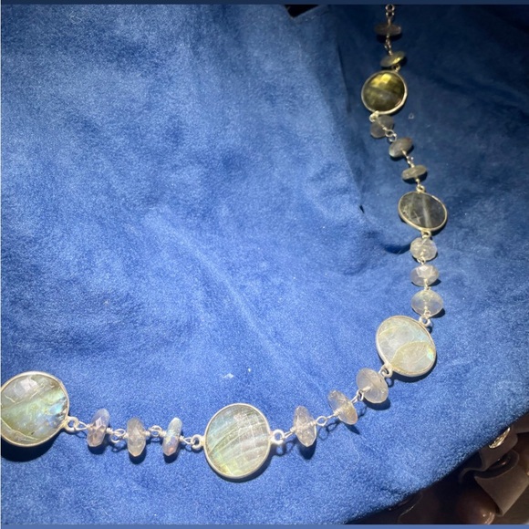 36” sterling handmade necklace with round and disk shaped faceted labradorite. - Picture 4 of 12